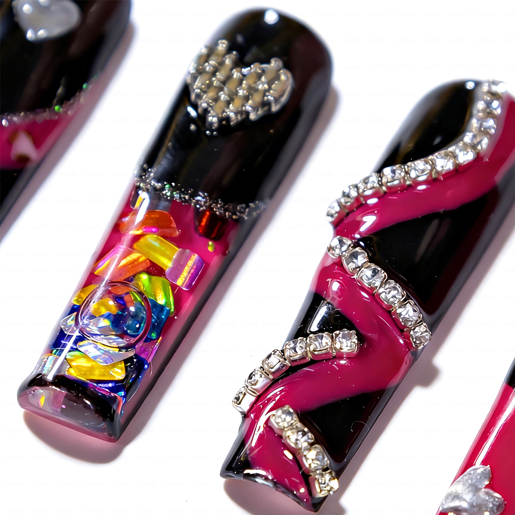 Neon Punk – Long Square Jelly Press-Ons with Heart & Crystal Accents