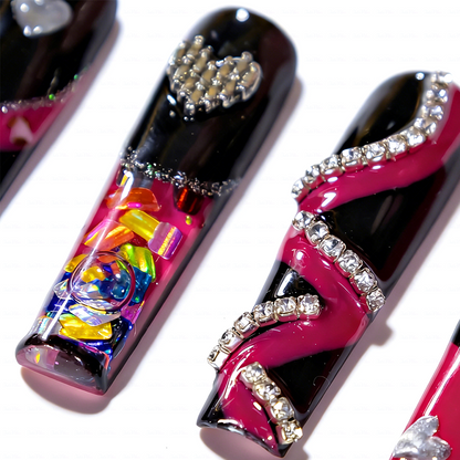 Neon Punk – Long Square Jelly Press-Ons with Heart & Crystal Accents