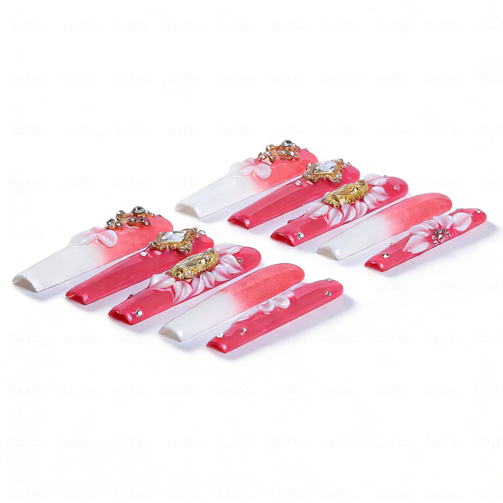 Sacred Floral  Red & White Long Square Press-Ons with Gold Virgin Mary & Flower Charms