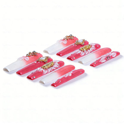 Sacred Floral  Red & White Long Square Press-Ons with Gold Virgin Mary & Flower Charms