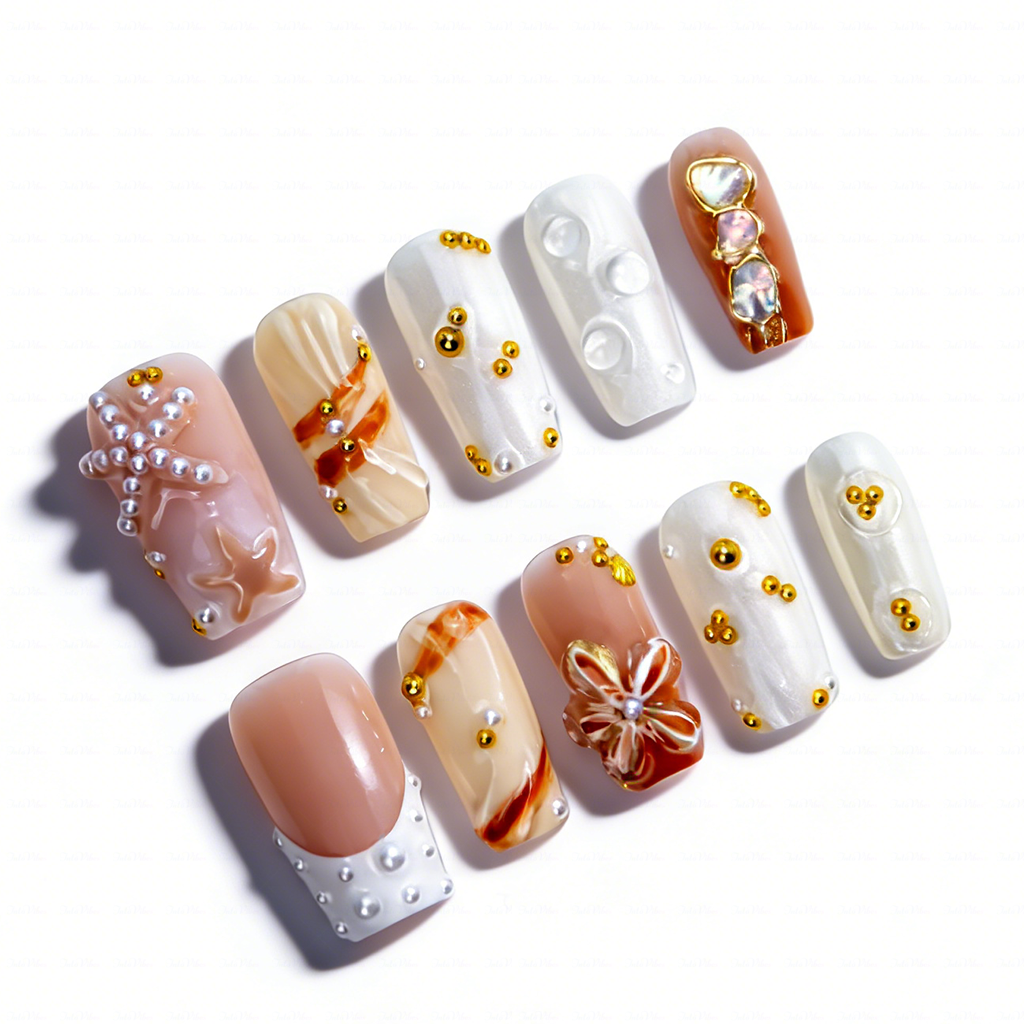 Coastal Pearl – Nude White Short Square Press-Ons with 3D Starfish & Seashell Accents