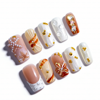Coastal Pearl – Nude White Short Square Press-Ons with 3D Starfish & Seashell Accents