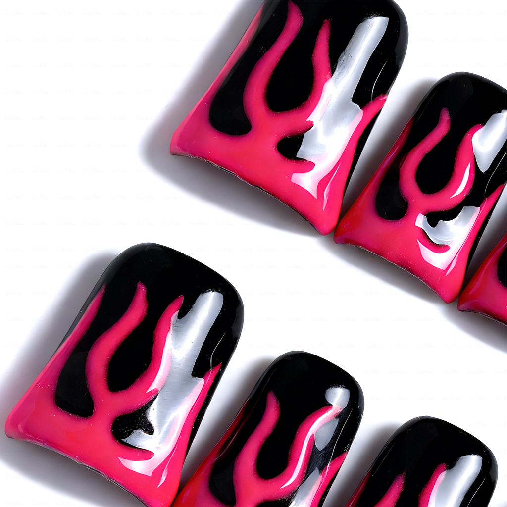 Blaze Pop – Hot Pink & Black Short Duck Press-Ons with Flame Graphics
