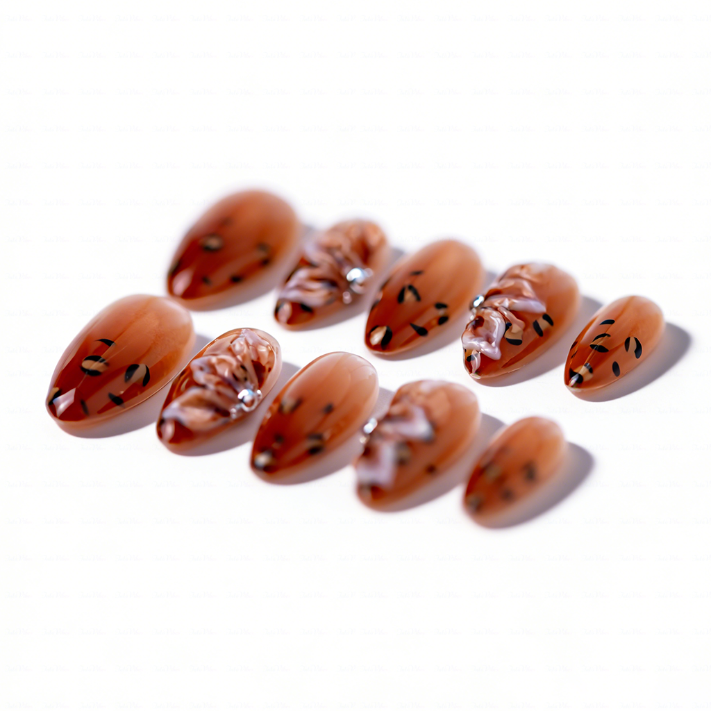 Caramel Bow – Amber Brown Short Almond Press-Ons with Leopard Print & 3D Bow Accents