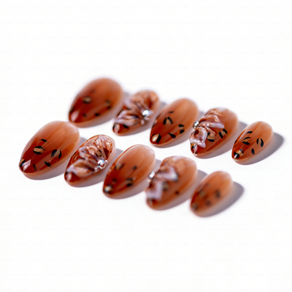 Caramel Bow – Amber Brown Short Almond Press-Ons with Leopard Print & 3D Bow Accents