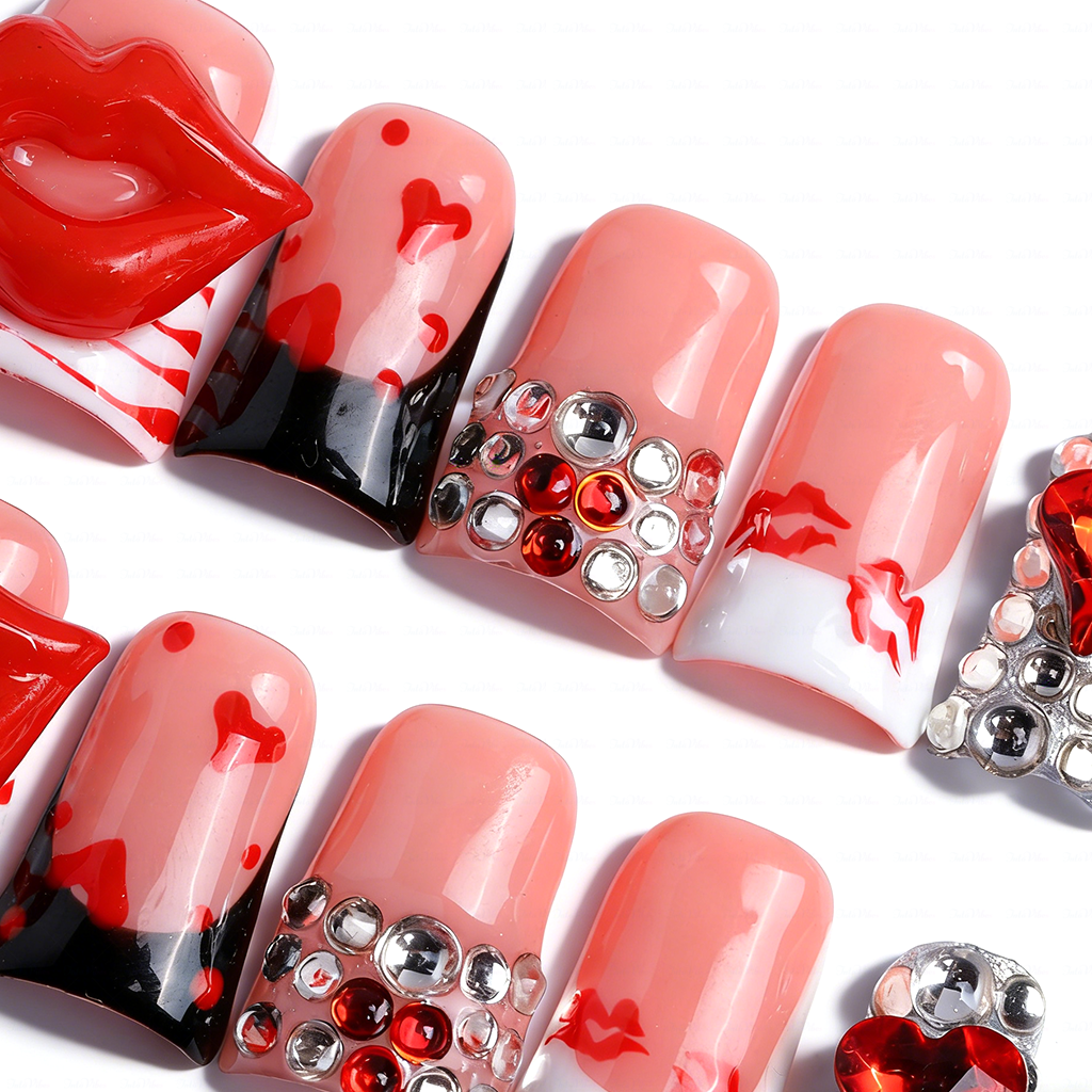 Lipstick Babe-Nude & Red Short Duck Press-Ons with 3D Lip & Heart Gem Accents
