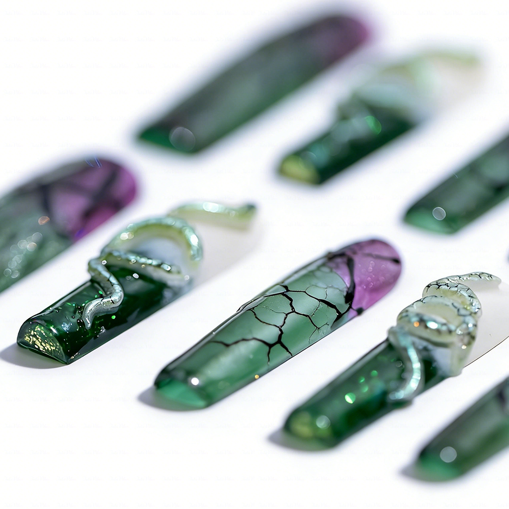 Snake Scale  Green & Purple Long Square Water Press-Ons with 3D Snake & Cracked Print Accents