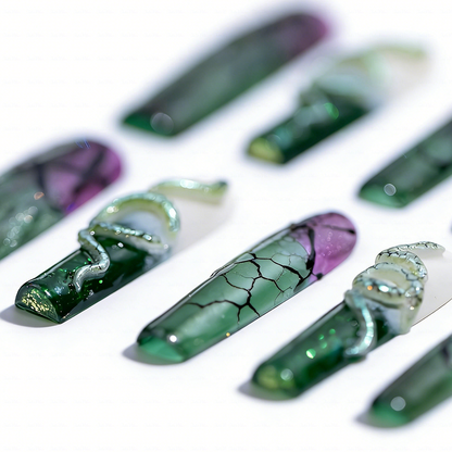 Snake Scale  Green & Purple Long Square Water Press-Ons with 3D Snake & Cracked Print Accents