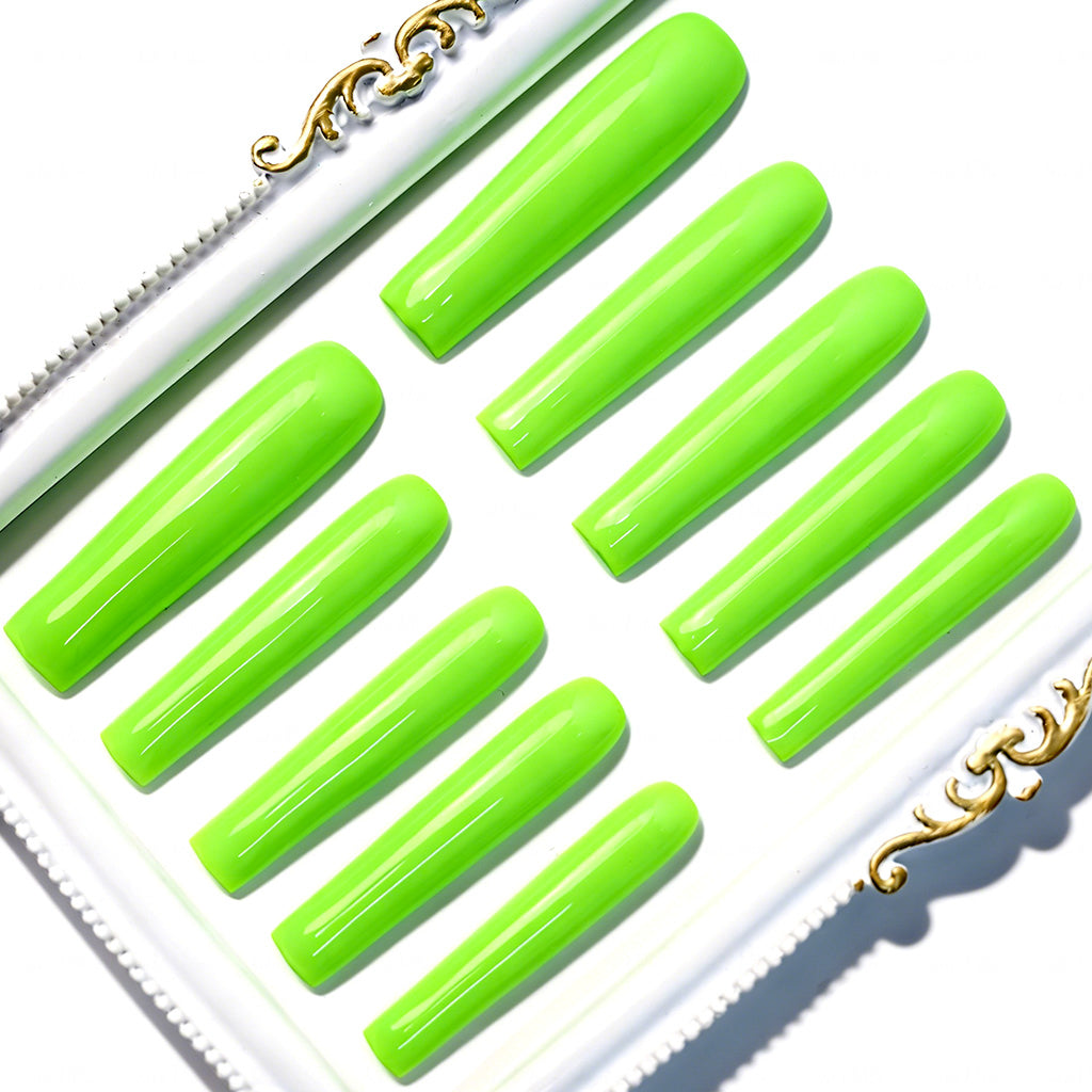 Neon Lime Green  Bright Green Long Square Press-Ons with High Gloss Solid Finish