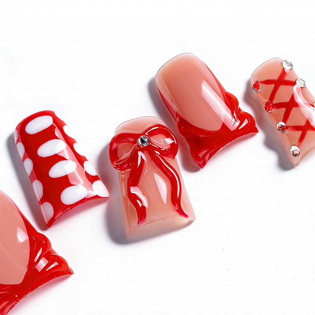 Crimson Bow – Nude & Red Short Duck Press-Ons with 3D Bow & Lace Accents
