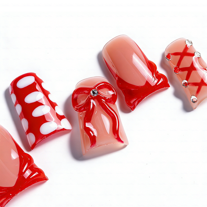 Crimson Bow – Nude & Red Short Duck Press-Ons with 3D Bow & Lace Accents