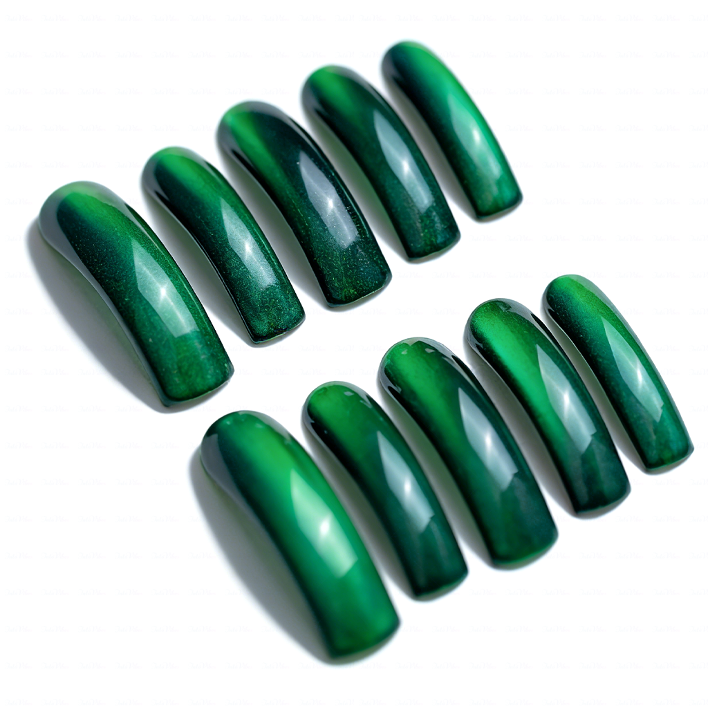 Emerald Glow – Emerald Green Long Downward Curved Press-Ons with Magnetic Light-Shifting Cat Eye Finish