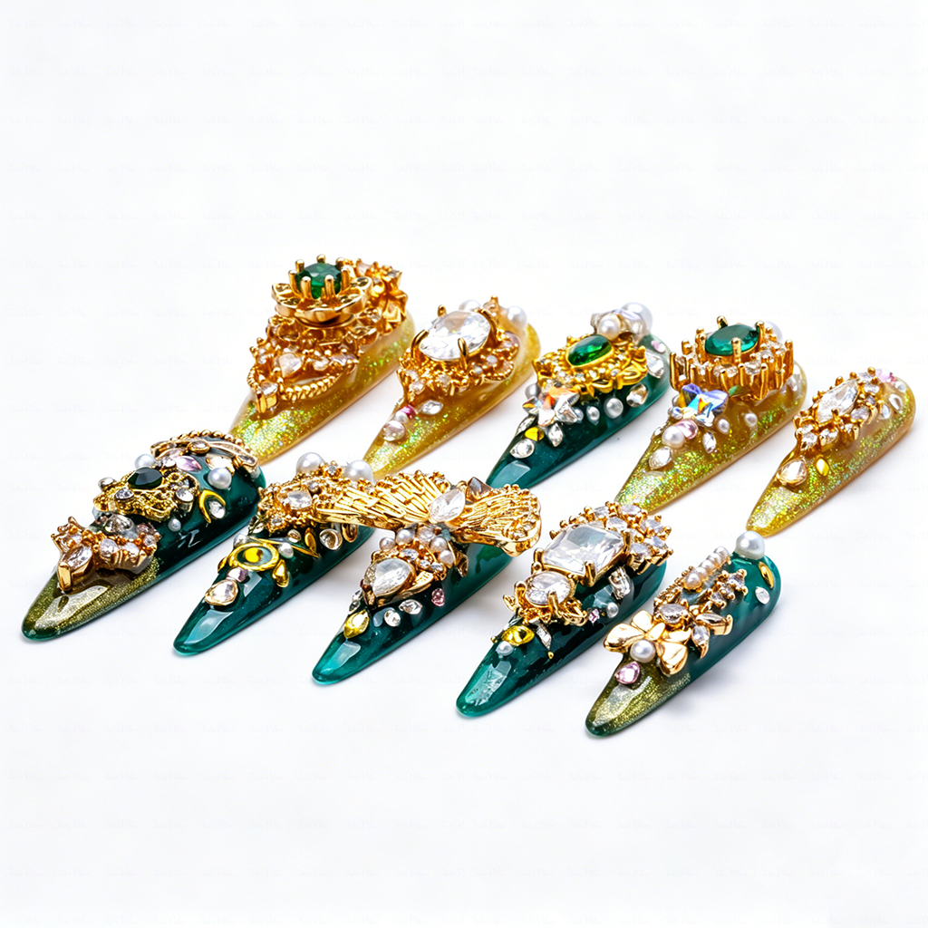 Made-to-Order | Emerald Royal Baroque – Green & Gold Long Stiletto Press-Ons with Vintage Gem Charms