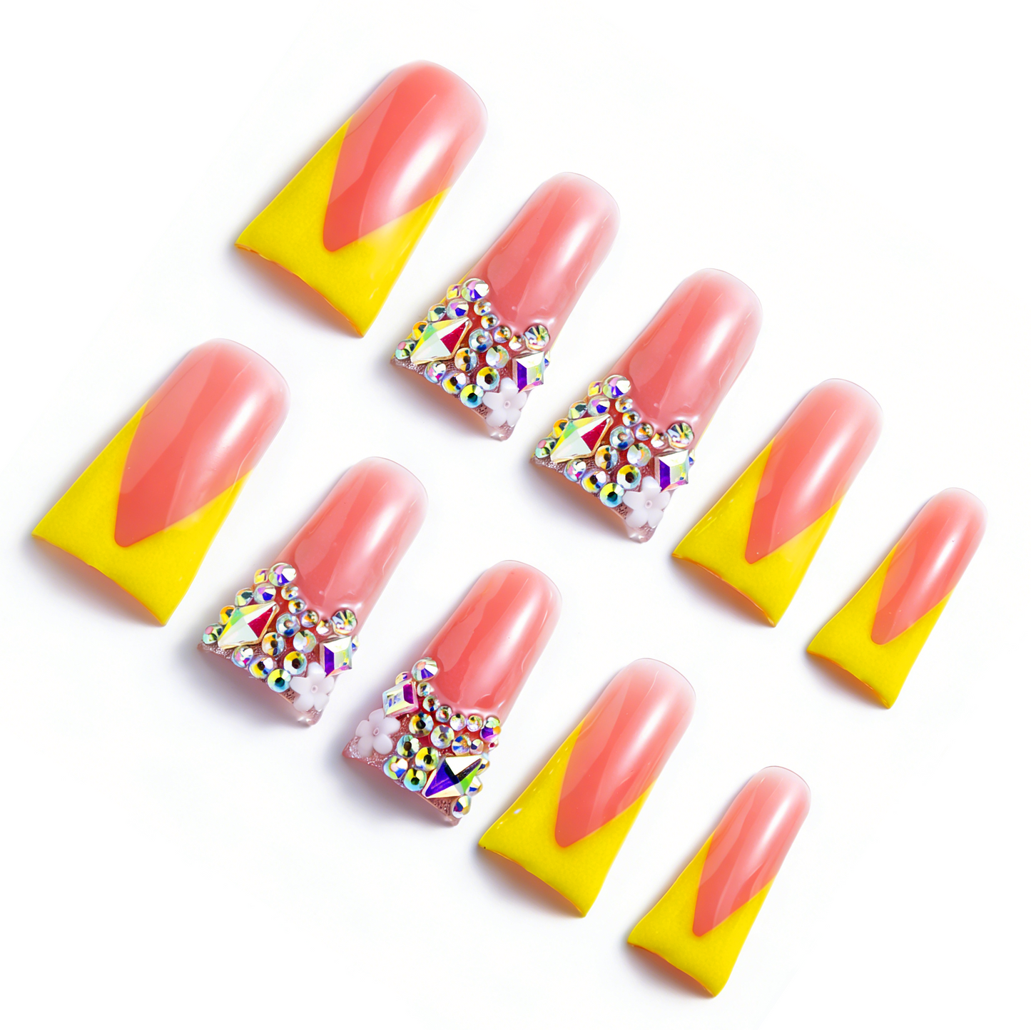 Sunny Yellow V French – Nude & Bright Yellow Long Duck Press-Ons with Iridescent Rhinestone Accents