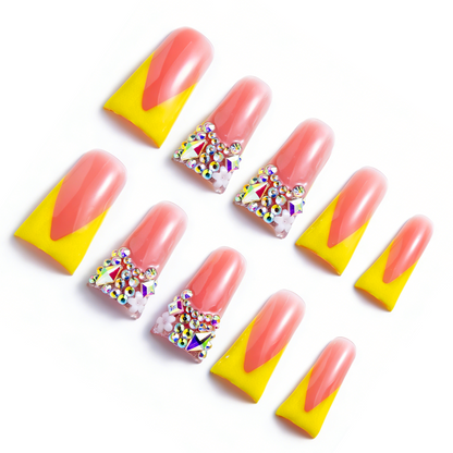 Sunny Yellow V French – Nude & Bright Yellow Long Duck Press-Ons with Iridescent Rhinestone Accents