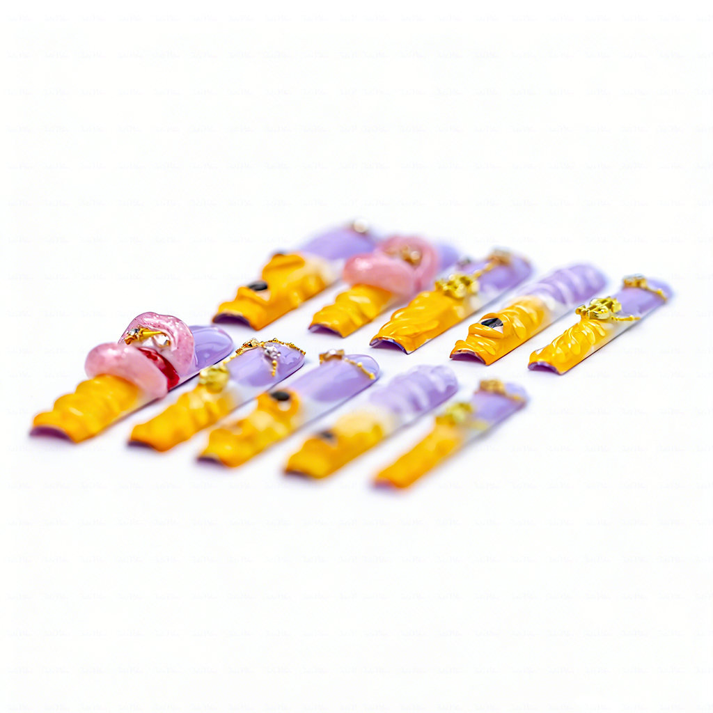 Sunset Swirl – Lavender & Mango Long Square Press-Ons with 3D Lip & Chain Charms