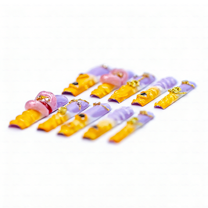 Sunset Swirl – Lavender & Mango Long Square Press-Ons with 3D Lip & Chain Charms