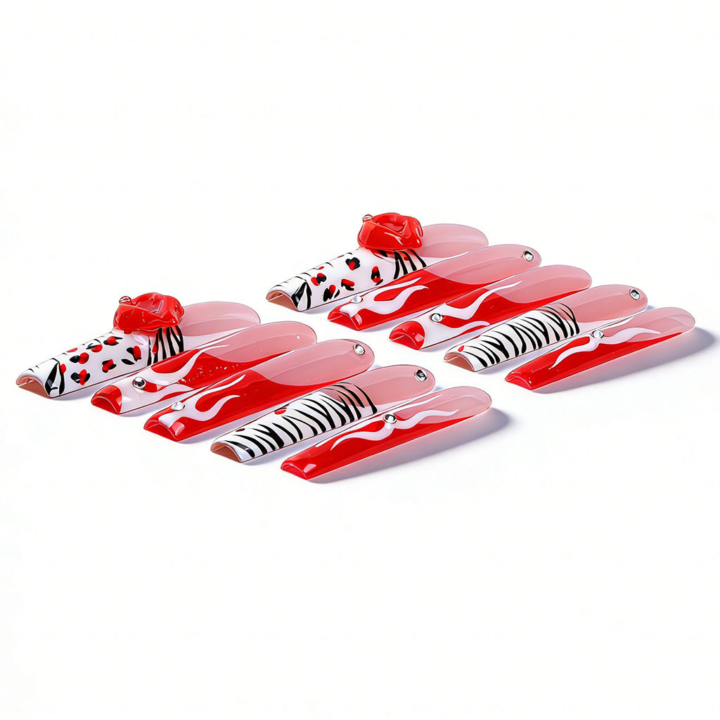 Flame Lip  Red & Nude Long Square Press-Ons with 3D Lip & Flame Accents