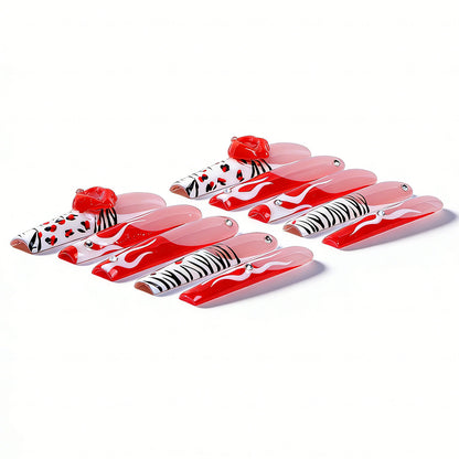 Flame Lip  Red & Nude Long Square Press-Ons with 3D Lip & Flame Accents