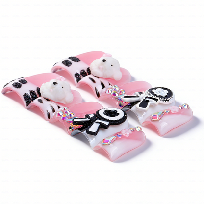 Puppy Princess-Soft Pink Short Duck Press-Ons with 3D Poodle & Camellia Bow Charms