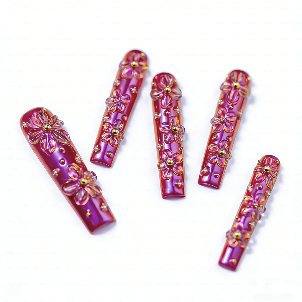 Bloom Aurora – Iridescent Purple Long Square Press-Ons with 3D Floral Charms