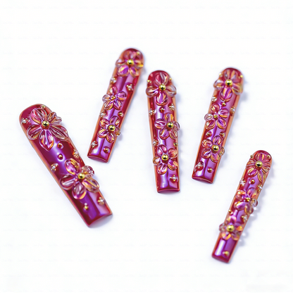 Bloom Aurora – Iridescent Purple Long Square Press-Ons with 3D Floral Charms