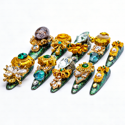 Made-to-Order | Imperial Jade Baroque – Sage Glitter Long Stiletto Press-Ons with Gold Vintage Gem Charms