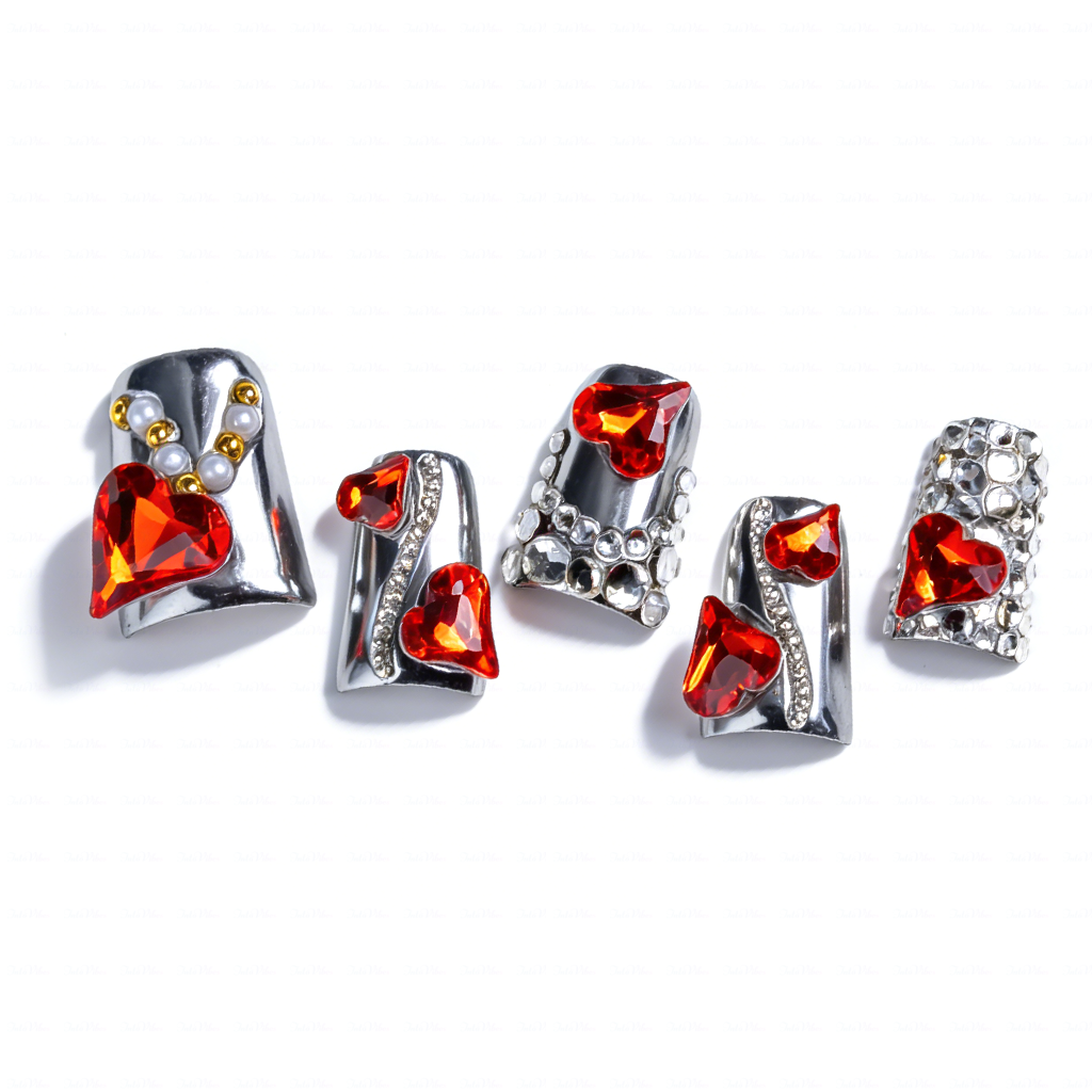 Ruby Chrome – Metallic Silver Short Duck Press-Ons with Red Crystal & Heart Charms