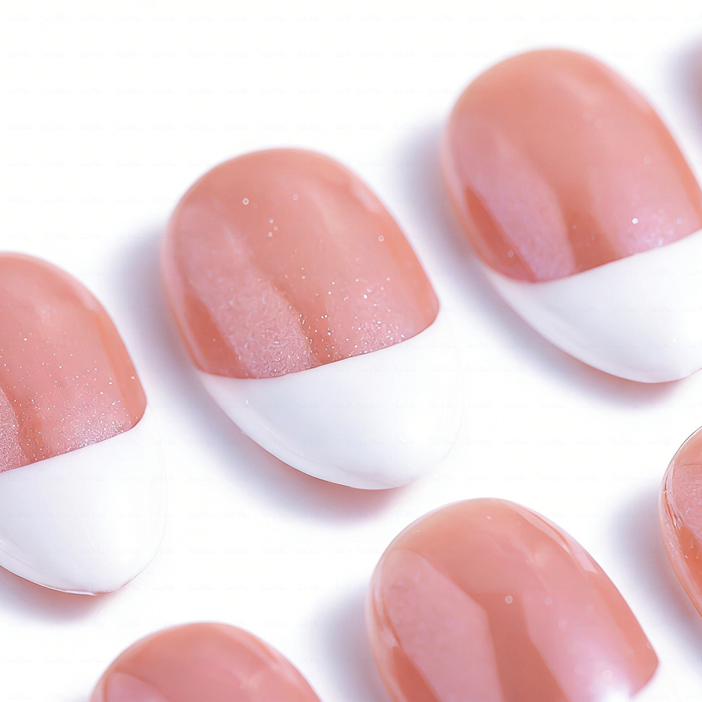 Nude Shimmer French – Soft Nude Pink Short Almond Press-Ons with Classic White French Tips