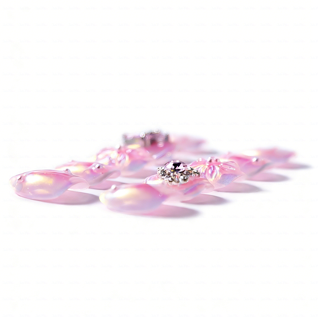 Aurora Bloom – Iridescent Pink Short Almond Press-Ons with 3D Floral & Heart Rhinestone Charms