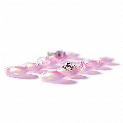Aurora Bloom – Iridescent Pink Short Almond Press-Ons with 3D Floral & Heart Rhinestone Charms