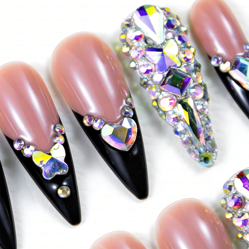 Baddie French – Nude & Black Long Stiletto Press-Ons with French Tips & Iridescent Rhinestone Accents