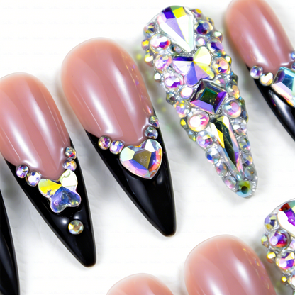 Baddie French – Nude & Black Long Stiletto Press-Ons with French Tips & Iridescent Rhinestone Accents
