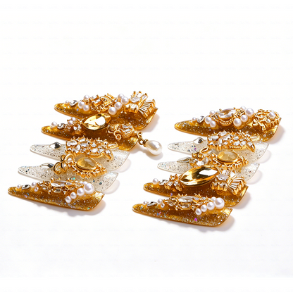 Made-to-Order | Champagne Regal Pearl – Gold & Ivory Glitter Long Stiletto Press-Ons with Pearl Gem Charms