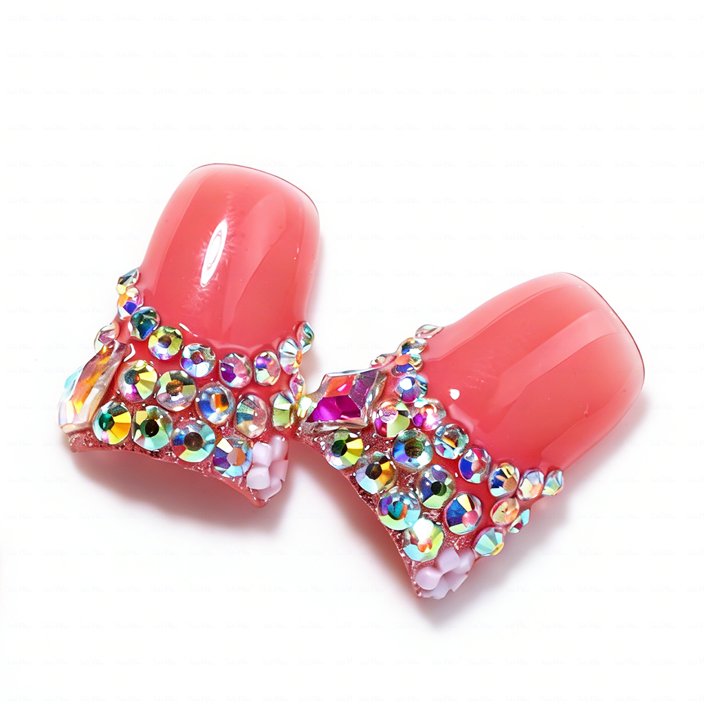 Ruby V French-Nude & Red Short Duck Press-Ons with V-Tip & Iridescent Rhinestone Accents
