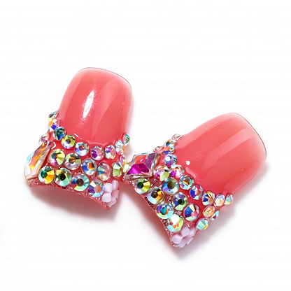Ruby V French-Nude & Red Short Duck Press-Ons with V-Tip & Iridescent Rhinestone Accents