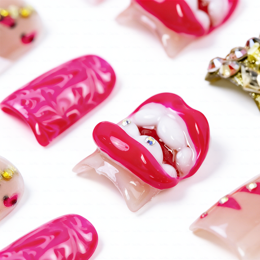 Baddie Lip – Hot Pink Short Duck Press-Ons with 3D Lip & Dollar Sign Charms