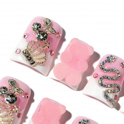 Gummy Princess – Soft Pink & White Short Duck Press-Ons with 3D Gummy Bear & Rhinestone Snake
