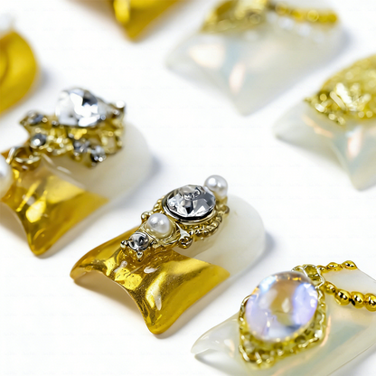 Baroque Angel – Gold & Milky White Short Duck Press-Ons with 3D Angel & Virgin Mary Charms