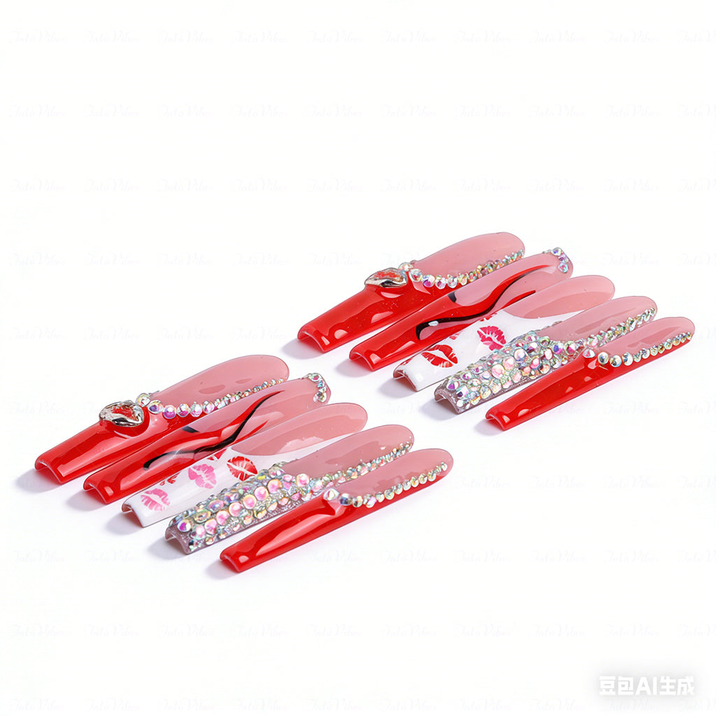 Lip Print French  Red & Nude Long Square Press-Ons with Lip Accents & Rhinestone Details