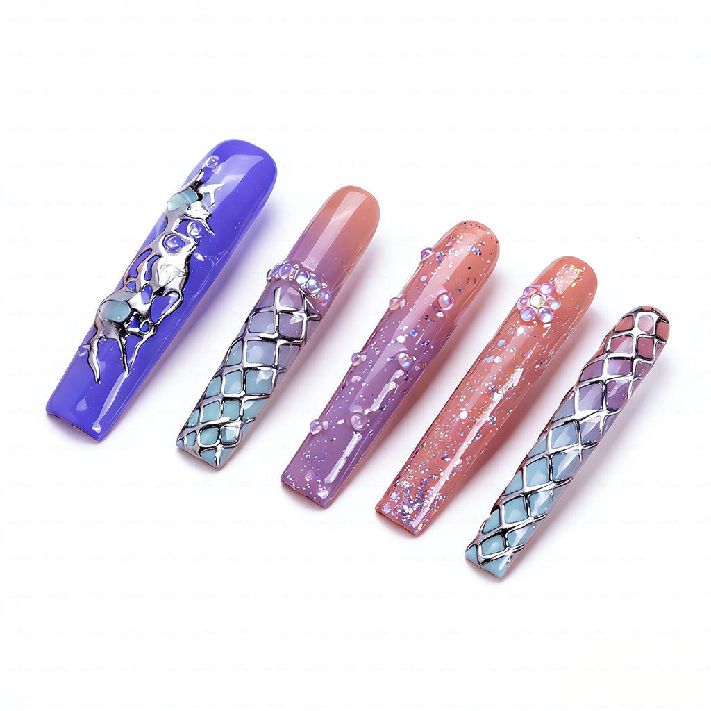 Mystic Gradient – Multi-Tone Long Square Press-Ons with Chrome & Glitter Accents