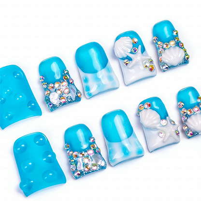 Tide Sparkle – Ocean Blue Short Duck Press-Ons with Starfish & Seashell Charms