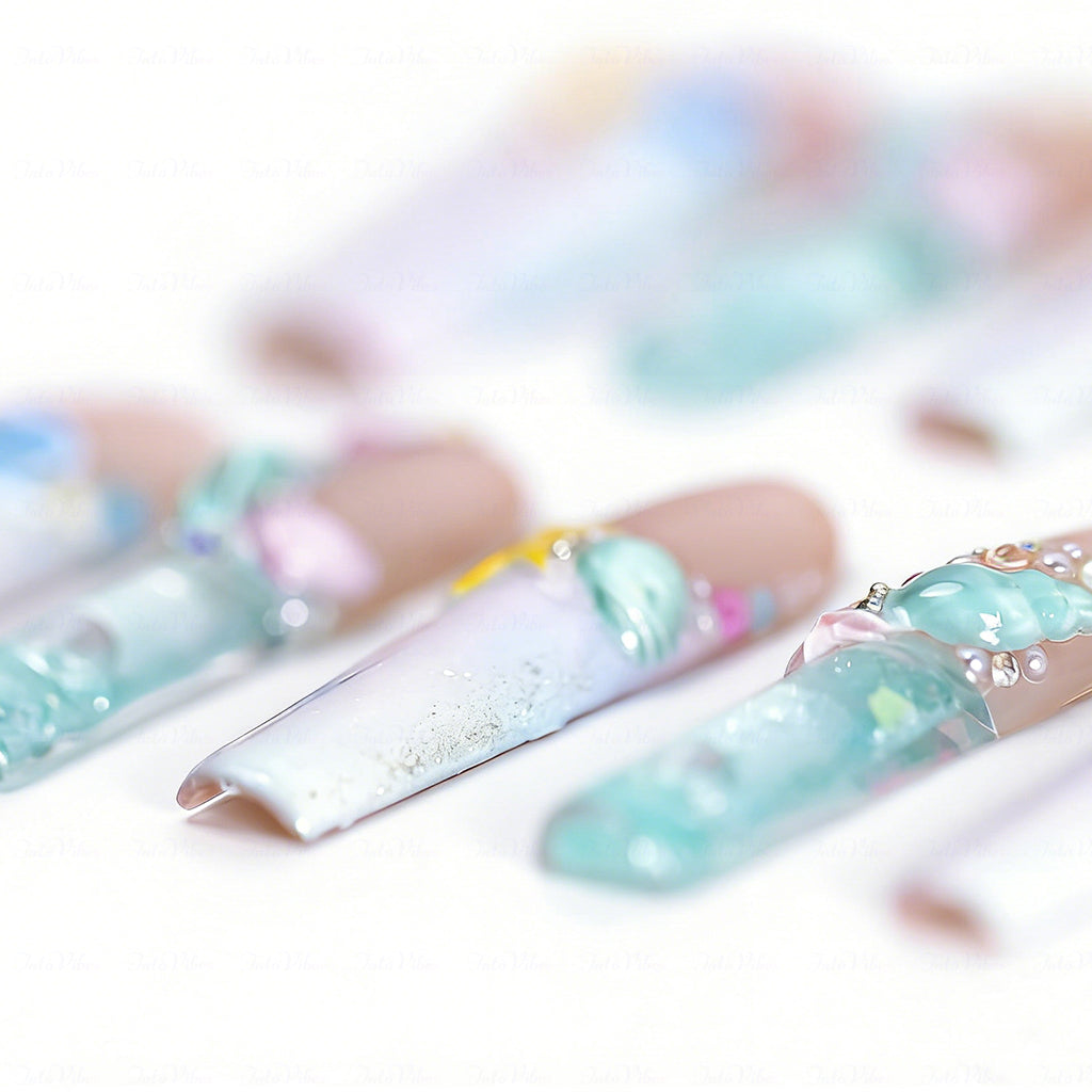 Mermaid Ocean Nude & Blue Long Square Water Press-Ons with 3D Octopus & Seashell Charms