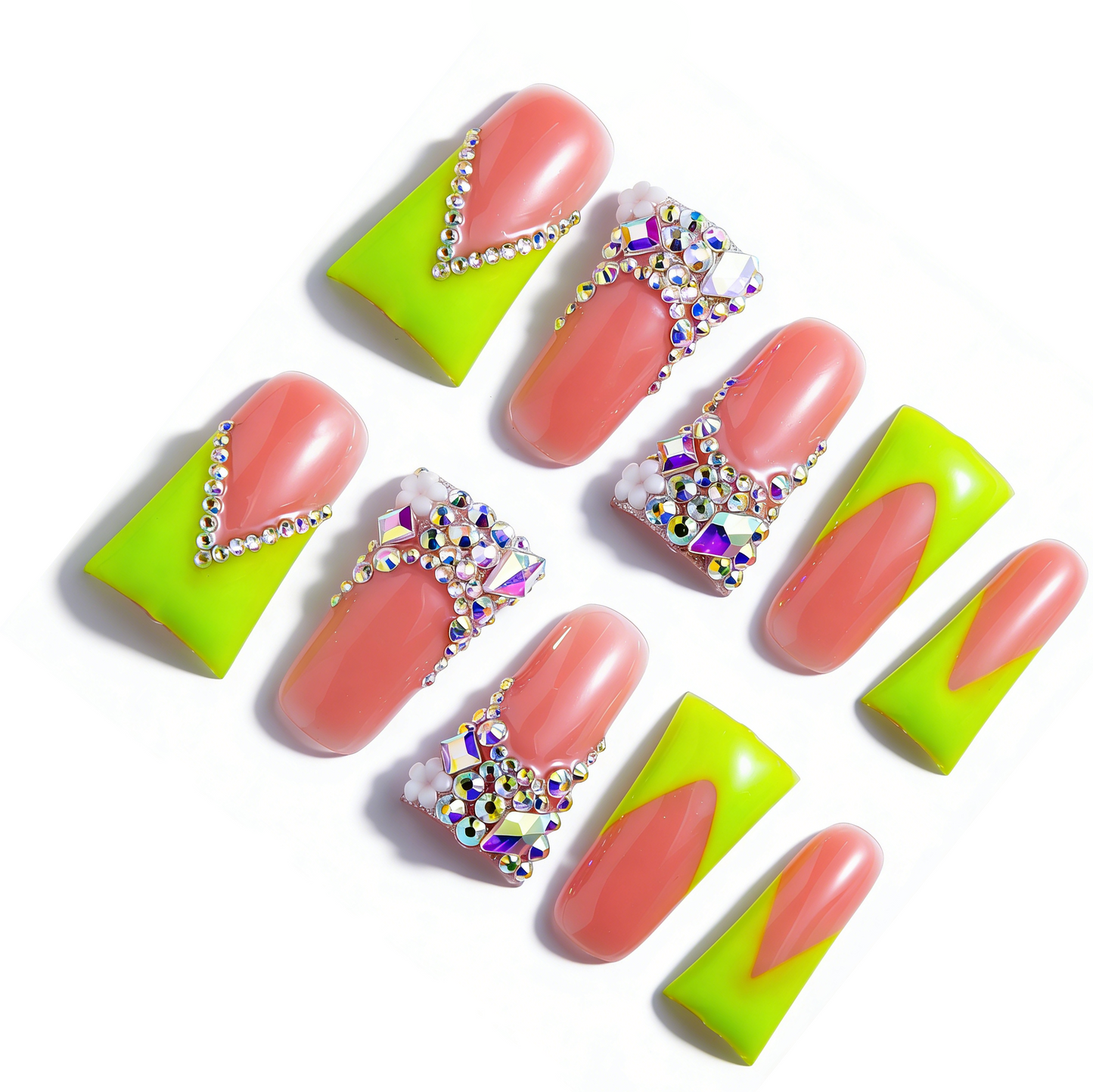 Neon Green V French – Nude & Neon Green Long Duck Press-Ons with Iridescent Rhinestone Accents