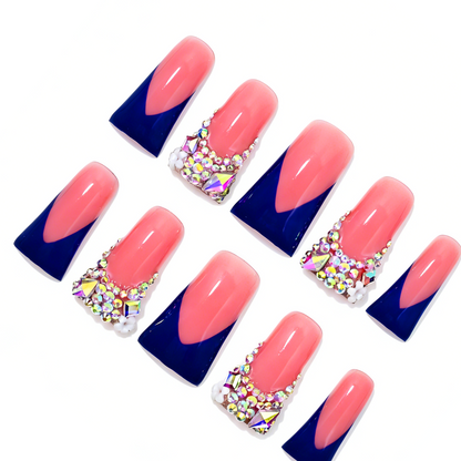 Royal V French  Nude & Navy Blue Long Duck Press-Ons with Iridescent Rhinestone Accents