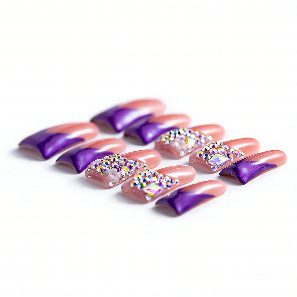 Blossom Gradient – Pink & Purple Long Duck Press-Ons with Crystal & Floral Accents