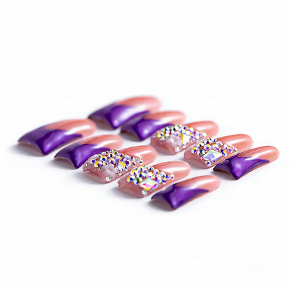 Blossom Gradient – Pink & Purple Long Duck Press-Ons with Crystal & Floral Accents