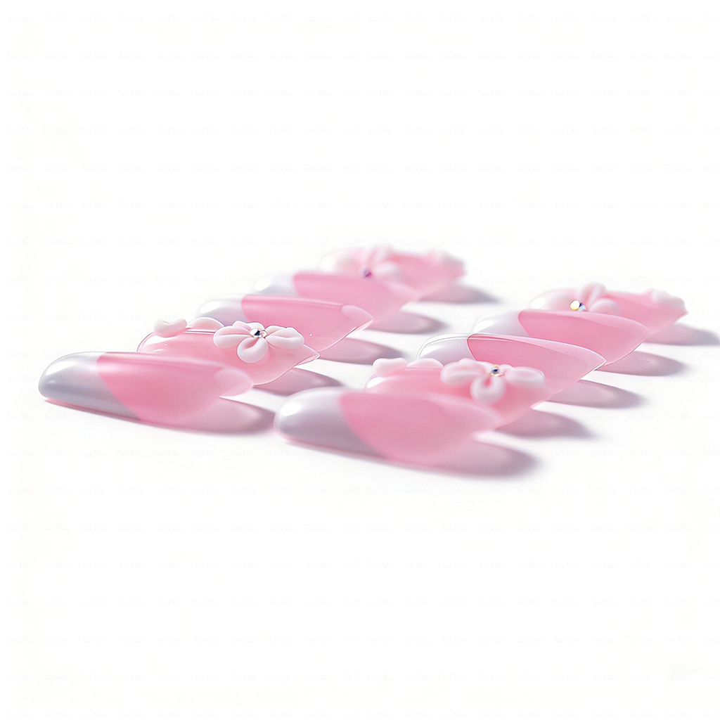 Blush Bloom – Soft Pink Medium Square Press-Ons with French Tips & 3D Floral Accents
