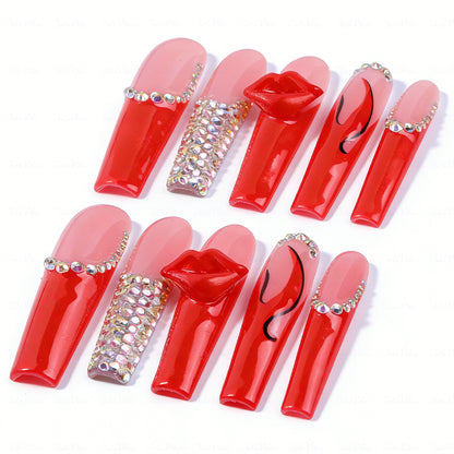 3D Lip French  Red & Nude Long Square Press-Ons with 3D Lip Charms & Rhinestone Details
