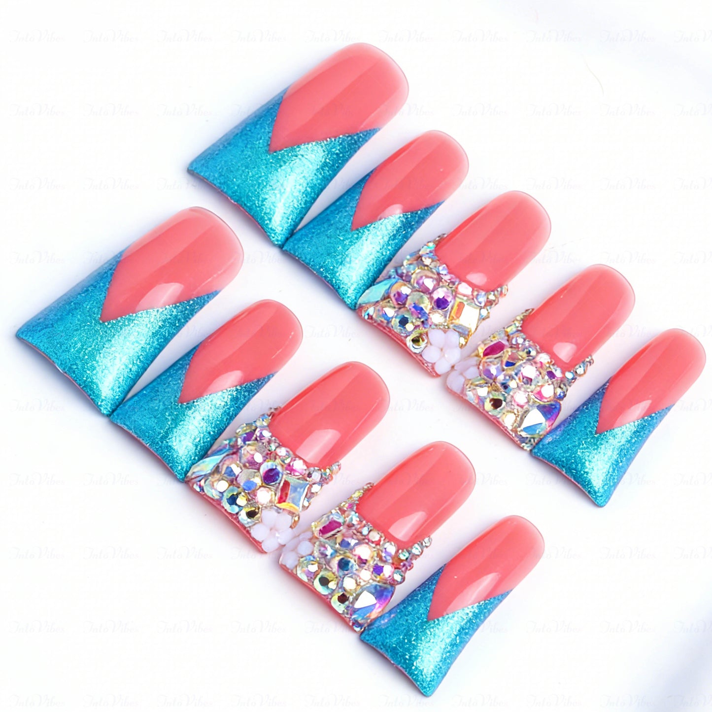 Mermaid V French-Nude & Turquoise Short Duck Press-Ons with V-Tip & Iridescent Rhinestone Accents